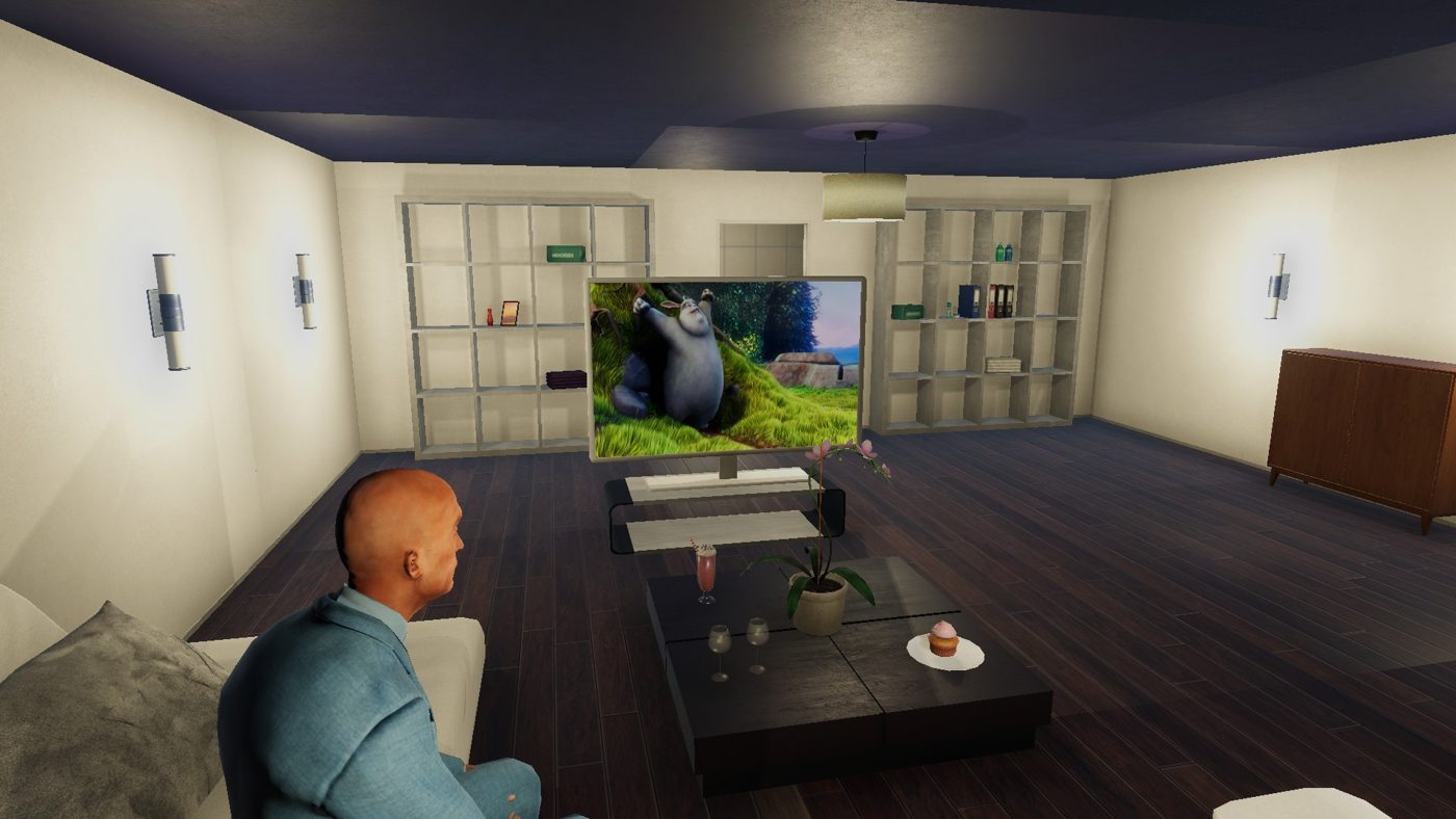 AgentSense: an LLM-driven agent watching TV on the sofa in a simulated VirtualHome living room